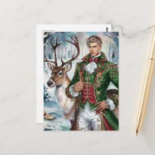 Handsome blonde man and a Christmas Reindeer Postcard