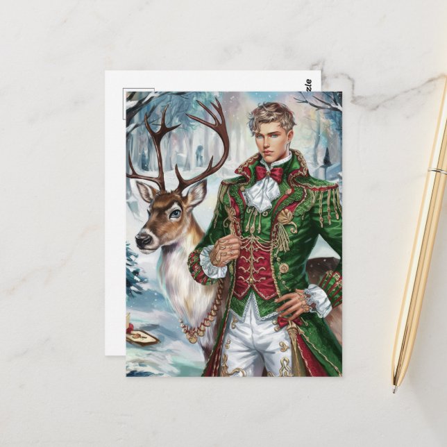 Handsome blonde man and a Christmas Reindeer Postcard (Front/Back In Situ)