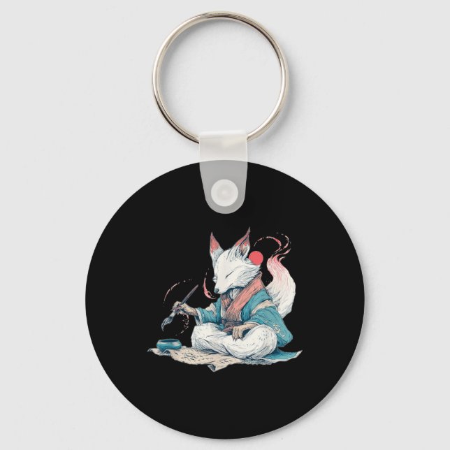 Handsome Calligraphy Kitsune For Japan Style Lover Keychain (Front)