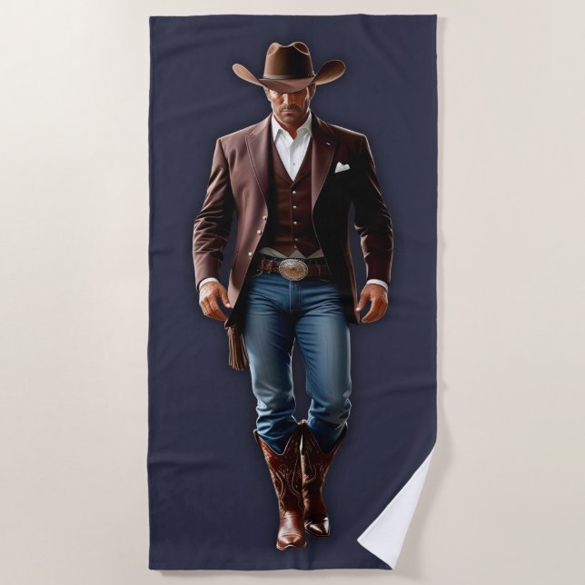 Handsome Cowboy Navy Blue & Brown Beach Towel (Front)