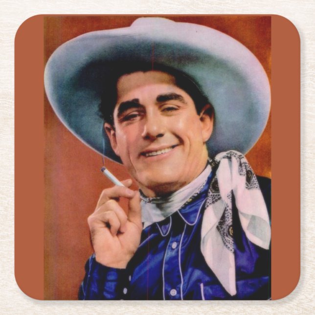 handsome cowboy with cigarette square paper coaster (Front)