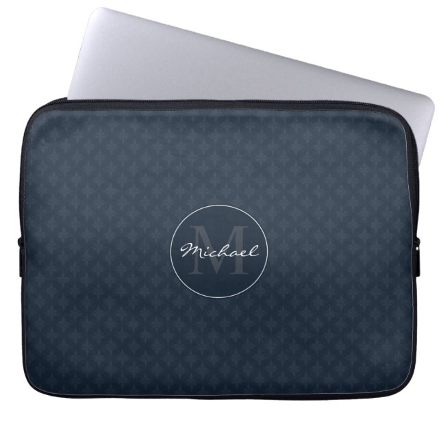 Handsome Dark Navy Blue Personalized Monogram Laptop Sleeve (Front)