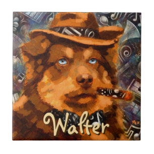 Handsome Gangster Dog w/Blue Eyes Personalized Tile