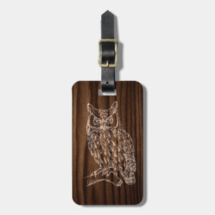 Handsome Great Horned Owl Wood Look Custom Luggage Tag