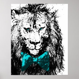 Handsome Lion with Blue Bow Tie and Eyes Poster