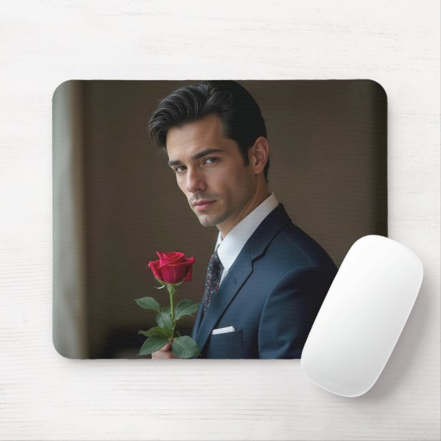 Handsome Man With a Red Rose Mouse Pad (With Mouse)