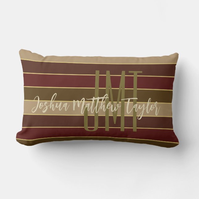 HANDSOME MONOGRAM NAME GOLD CRIMSON BROWN STRIPES LUMBAR PILLOW (Front)