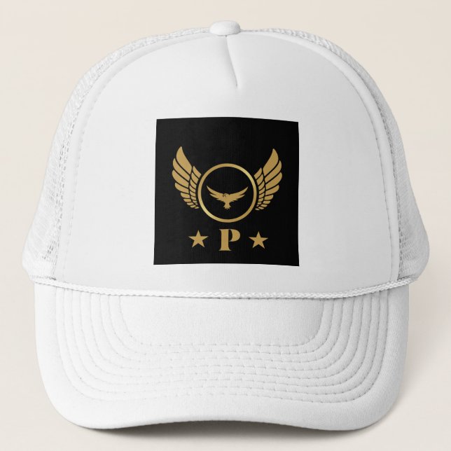 Handsome P Initial Printed Gold Flying Eagle image Trucker Hat (Front)