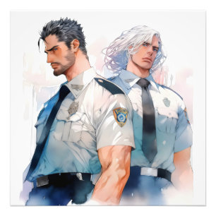 Handsome Policemen Watercolor Anime Photo Print