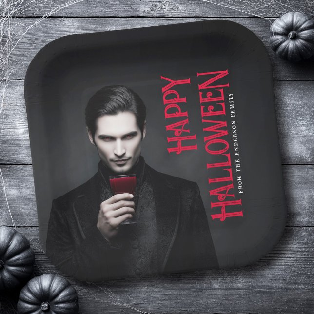Handsome vampire drinking blood Happy Halloween Paper Plate (Handsome vampire drinking blood Happy Halloween Paper Plates)