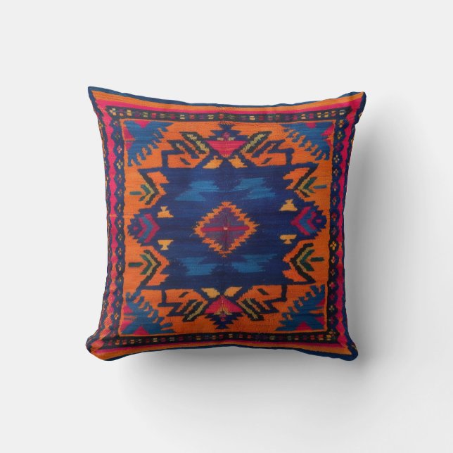 Handwoven Blue Kilim Lumbar Pillows: Unique Comfor Throw Pillow (Front)