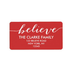 Handwriting Believe Red White Holiday Greeting Label