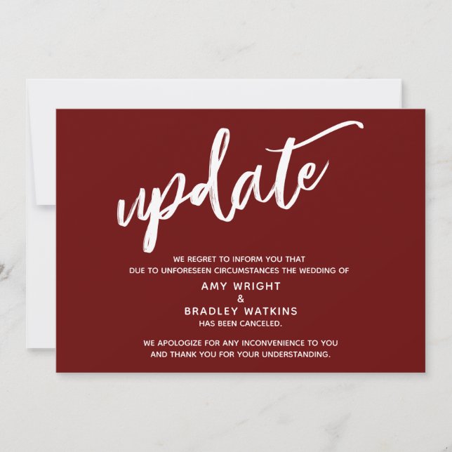 Handwriting Cancelled Wedding Update Burgundy Invitation (Front)
