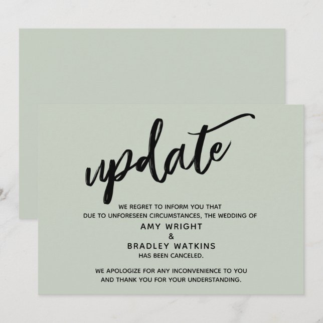 Handwriting Cancelled Wedding Update in Sage Card (Front/Back)