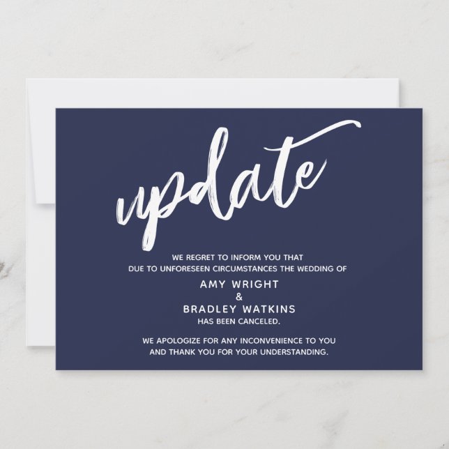Handwriting Cancelled Wedding Update Navy Blue Invitation (Front)