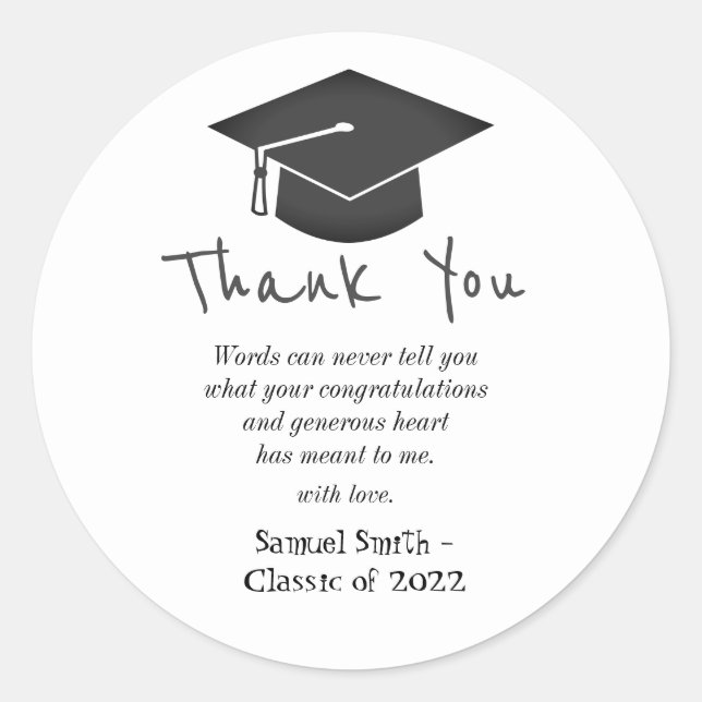 Handwriting Cap & Tassel Graduation Thank You Classic Round Sticker (Front)