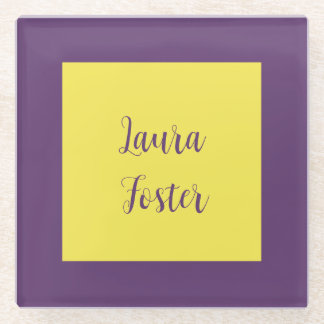 Handwriting Elegant Name Indigo & Yellow Colour Glass Coaster