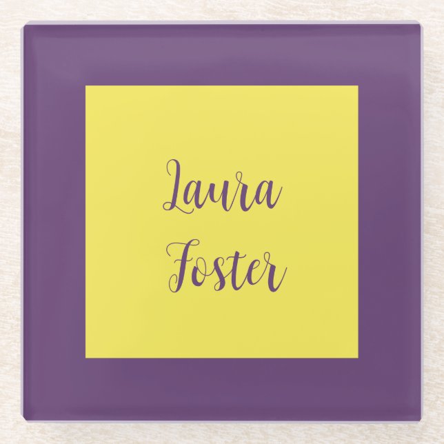 Handwriting Elegant Name Indigo & Yellow Colour Glass Coaster (Front)