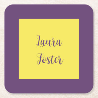 Handwriting Elegant Name Indigo & Yellow Colour Square Paper Coaster