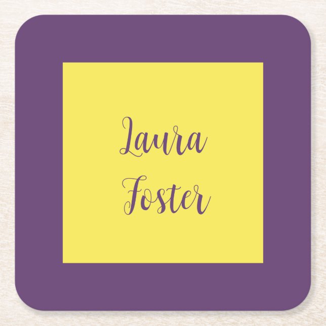 Handwriting Elegant Name Indigo & Yellow Colour Square Paper Coaster (Front)