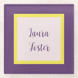 Handwriting Elegant Name Indigo Yellow Rose Quartz Glass Coaster