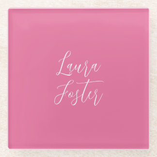 Handwriting Elegant Name Pink Colour Glass Coaster