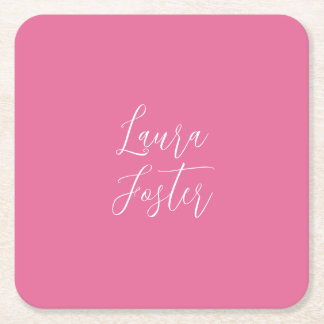 Handwriting Elegant Name Pink Colour Square Paper Coaster