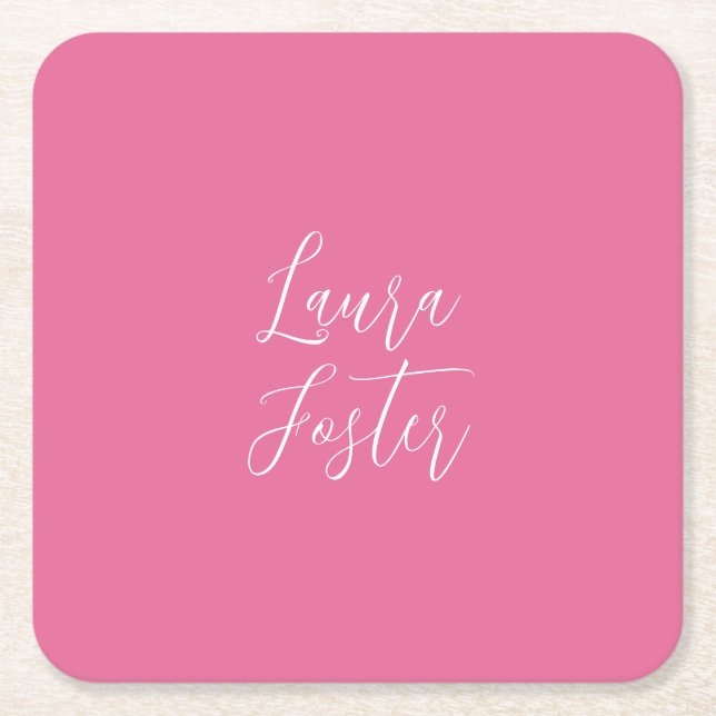 Handwriting Elegant Name Pink Colour Square Paper Coaster (Front)