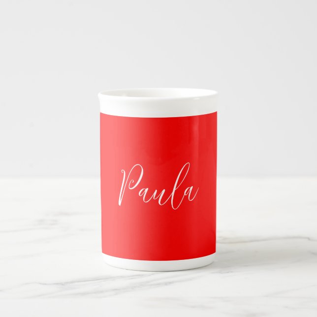 Handwriting Elegant Name Red Colour Plain Bone China Mug (Front)