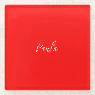 Handwriting Elegant Name Red Colour Plain Glass Coaster