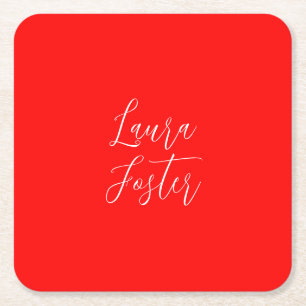 Handwriting Elegant Name Red Colour Plain Square Paper Coaster