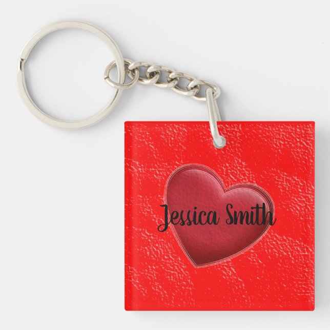 Handwriting Elegant Name Red Heart Love Romance Keychain (Front)