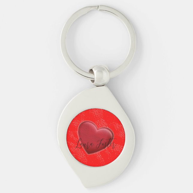Handwriting Elegant Name Red Heart Love Romance Keychain (Front)