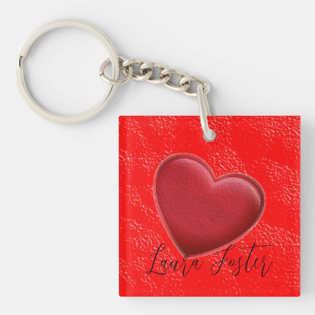 Handwriting Elegant Name Red Heart Love Romance Keychain (Front)