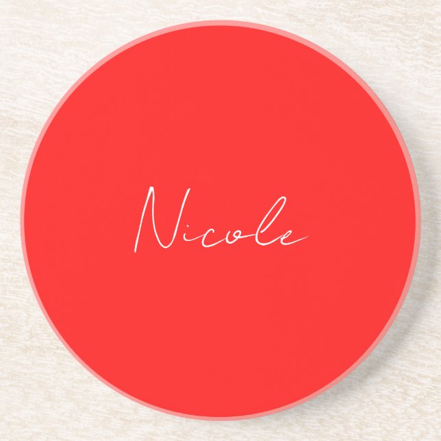 Handwriting Elegant Name Red White Colour Plain Coaster (Front)
