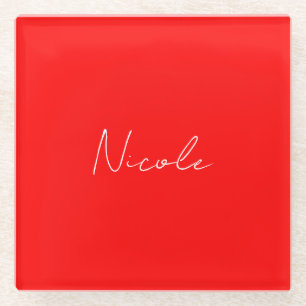 Handwriting Elegant Name Red White Colour Plain Glass Coaster