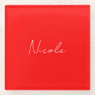 Handwriting Elegant Name Red White Colour Plain Glass Coaster