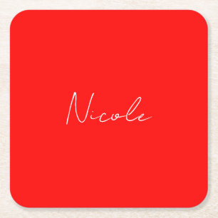 Handwriting Elegant Name Red White Colour Plain Square Paper Coaster