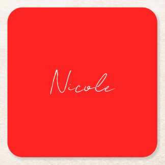 Handwriting Elegant Name Red White Colour Plain Square Paper Coaster