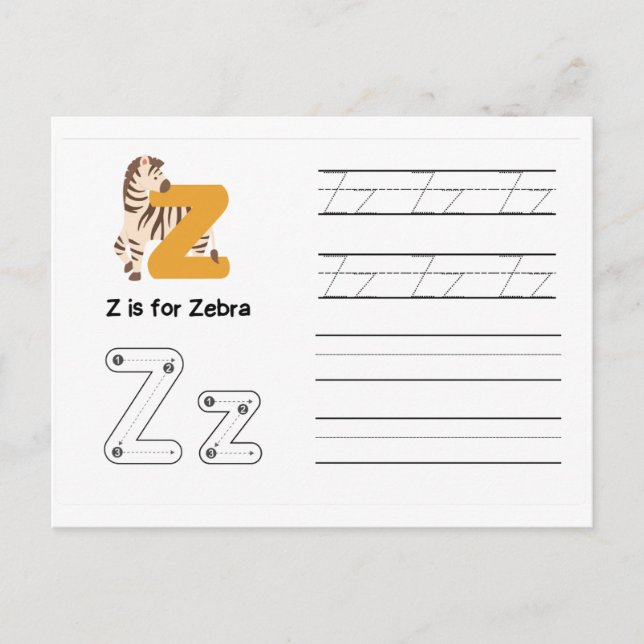Handwriting FlashCards for Kindergarten | Z | Postcard (Front)