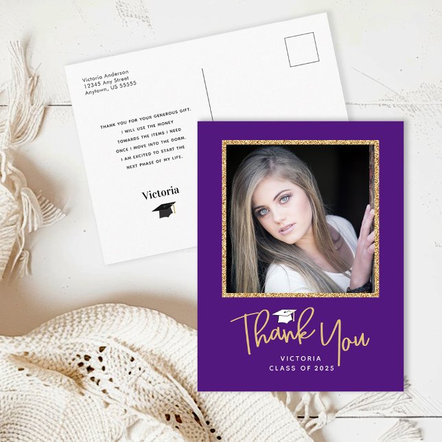 Handwriting Gold & Purple Graduation Thank You Postcard (Creator Uploaded)