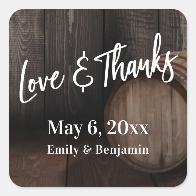 Handwriting Love & Thanks Brown Wooden Barrel Square Sticker (Front)