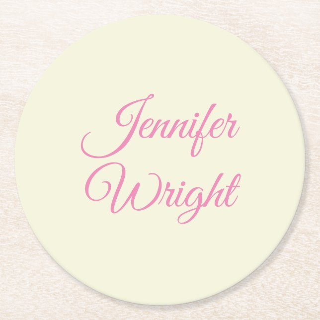 Handwriting Name Classical Plain Beige Pink  Round Paper Coaster (Front)