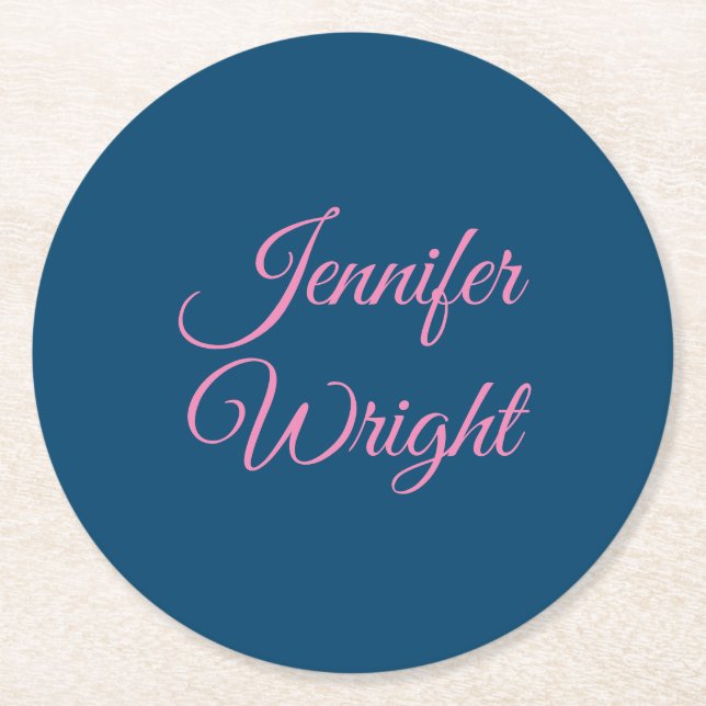 Handwriting Name Classical Plain Indigo Blue Pink Round Paper Coaster (Front)