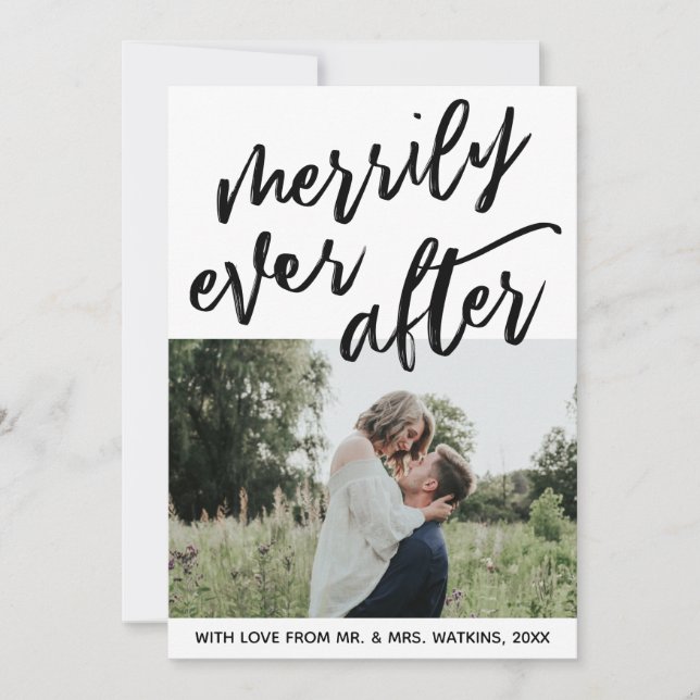 Handwriting on White Merrily Ever After, Photo Holiday Card (Front)