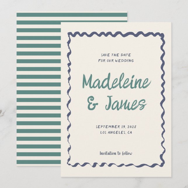 Handwriting Pastel Wavy Frame Retro Wedding Save The Date (Front/Back)