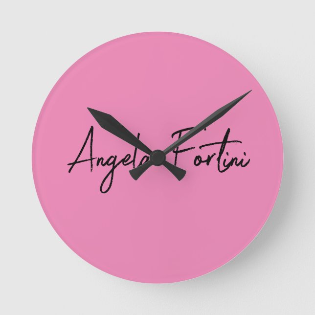 Handwriting Plain Simple Pink Professional Name Round Clock (Front)