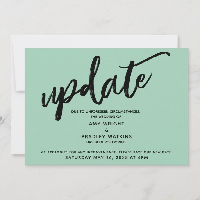 Handwriting Postponed Wedding Light Green Card (Front)