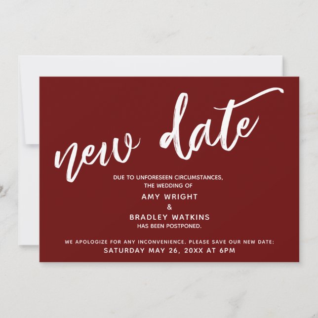Handwriting Postponed Wedding New Date Burgundy Invitation (Front)