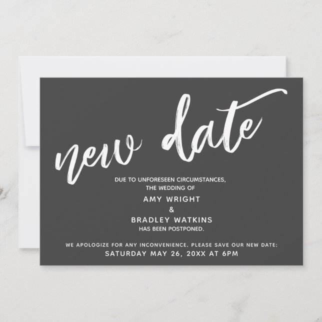 Handwriting Postponed Wedding New Date Dark Grey Invitation (Front)